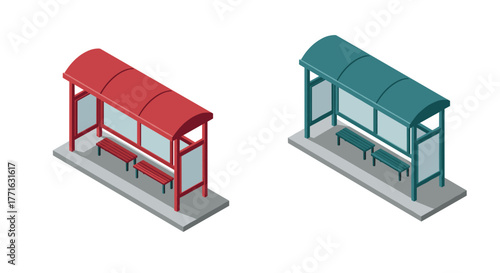 Isometric urban bus stop structures in red and green on white background