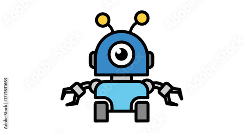 A cartoonish blue robot with a cyclops eye and antennas on a transparent background elicits feelings of futuristic fun.