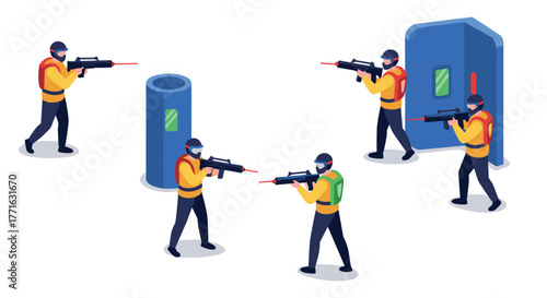 Isometric game characters in tactical gear with rifles in a digital environment