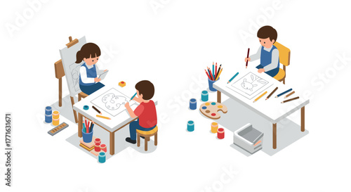 Children engaged in art activities at tables with supplies in isometric style