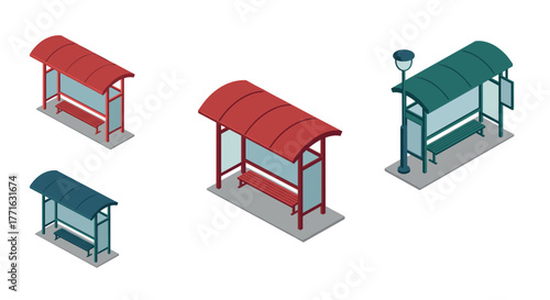 Isometric bus stop designs with modern canopy shelters and benches
