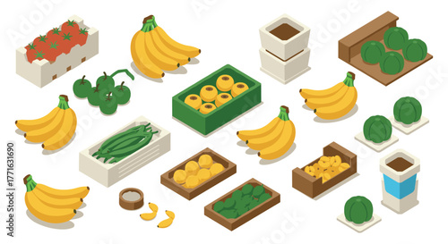 Colorful isometric market with fruits and vegetables in packaging