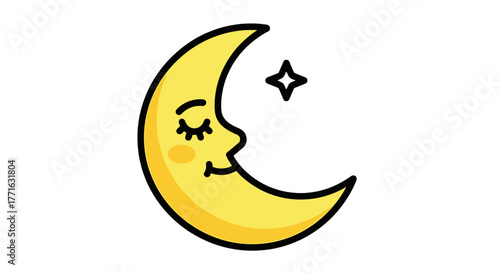 A crescent moon with a sweet, sleepy face is accompanied by a twinkling star in the night sky illustration.