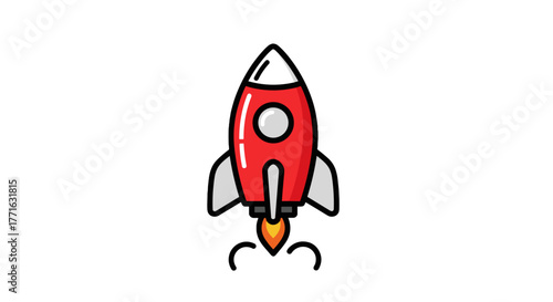 A vibrant cartoon illustration of a red and white rocket, ascending against a stark transparent background with fiery exhaust.