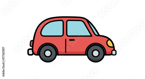 A vibrant red vehicle with round features conveys simplicity and charm, appealing to a minimalist aesthetic.