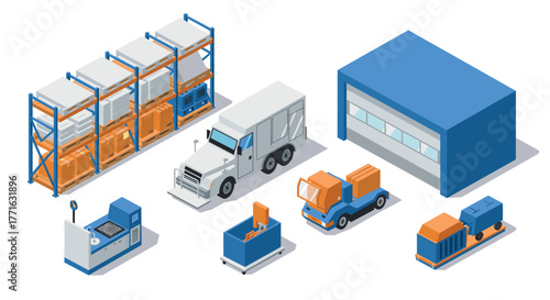 Isometric warehouse logistics: trucks, storage, and equipment