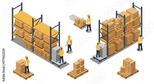 Isometric warehouse logistics with workers and packages on shelves and pallets