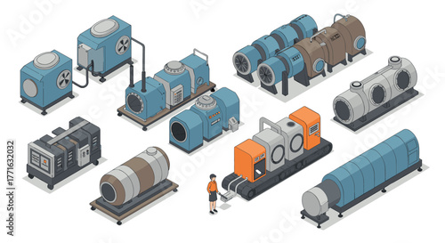 Isometric industrial air conditioning units and machinery with worker interaction