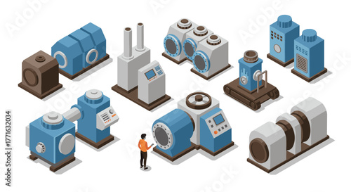 Industrial machinery isometric designs with worker for manufacturing and engineering