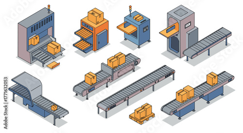 Factory conveyor system with industrial package machines in isometric style