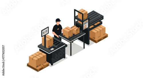 Isometric warehouse logistics workflow with conveyor belt and packaging process
