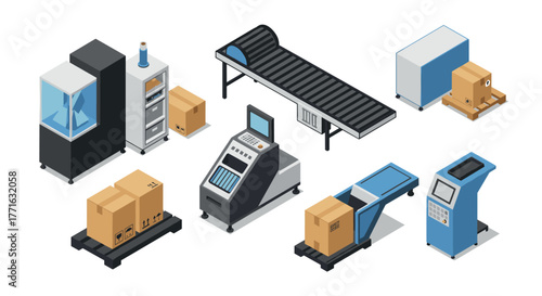 Isometric logistics equipment with conveyor belts and packaging machines