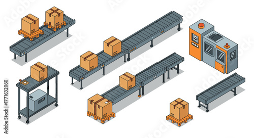 Isometric conveyor belt system with boxes and machinery in modern warehouse setting