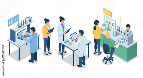 Isometric office scene with diverse professionals collaborating in modern workspace