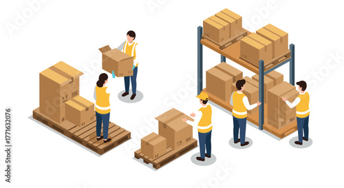 Isometric warehouse scene with workers organizing cardboard boxes on shelves and pallets