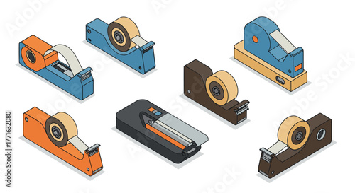 Colorful isometric tape dispensers collection on white background