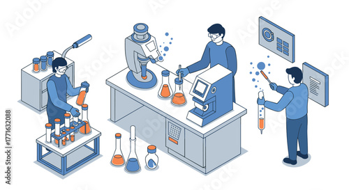 Futuristic laboratory with scientists conducting experiments in isometric style