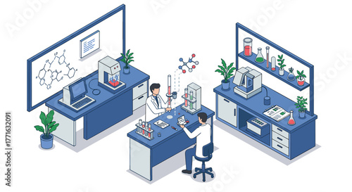 Modern laboratory workspace with scientists conducting experiments in an isometric design