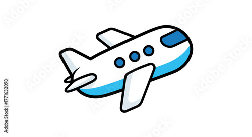A cartoon plane soaring through the sky, depicted in white and blue with rounded features and a playful design.