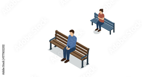 Isometric park benches with people sitting social distancing