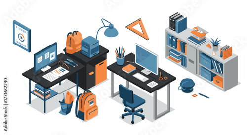 Modern office workspace with desks and supplies in isometric style