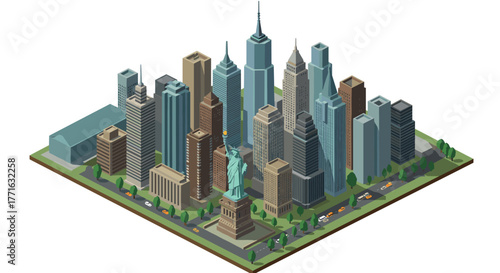 Isometric cityscape with statue and skyscrapers on urban square
