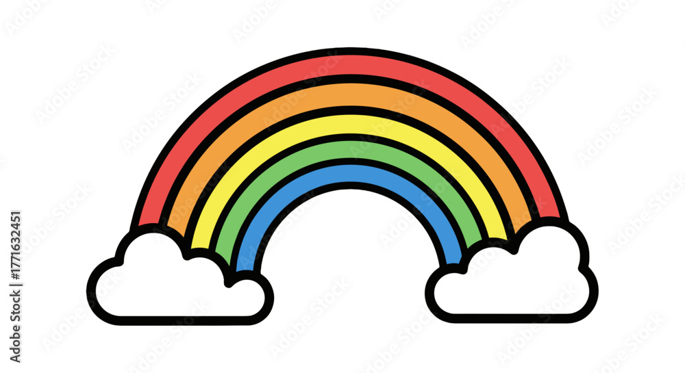 Naklejka premium A vibrant rainbow arches gracefully between two fluffy clouds, embodying joy and optimism with its spectrum of colors.