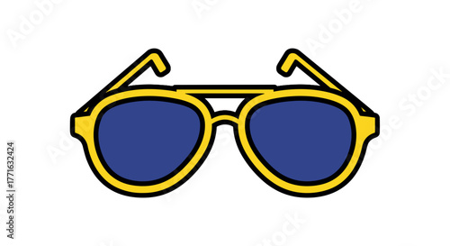 A pair of sunglasses with a bright yellow frame and dark blue tinted lenses on a transparent background in a cartoon style.