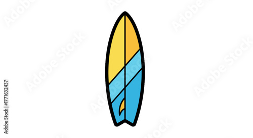 Colorful surfboard with a sleek design, ready to ride the waves. Sunny yellows and calming blues meet for some cool surfing.