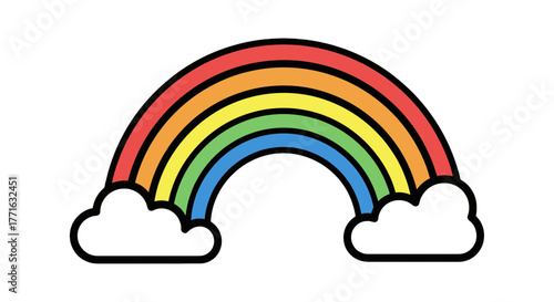 A vibrant rainbow arches gracefully between two fluffy clouds, embodying joy and optimism with its spectrum of colors.