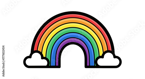 A vibrant rainbow arc with red, orange, yellow, green, blue, and purple bands rests on fluffy black cartoon clouds.