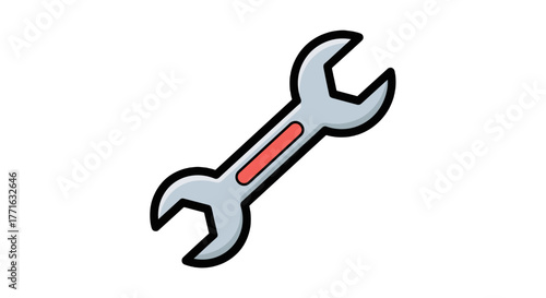 A metallic wrench with a red accent lies diagonally, ready to tighten and loosen various fixtures in the transparent background.