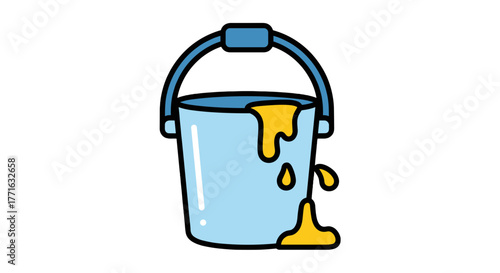 A cute vector illustration shows a light blue bucket with a darker blue handle spilling bright yellow liquid on black.