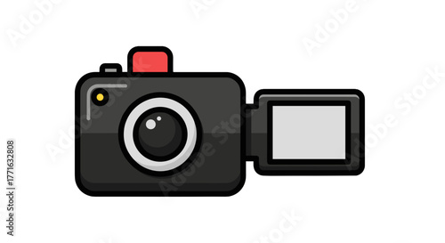 A digital camera is poised, ready to capture precious moments with its lens and fold-out display screen, on transparent background.