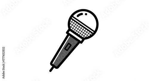 A simplistic monochrome microphone stands out against the stark transparent background, suggesting voice, performance, and technology.