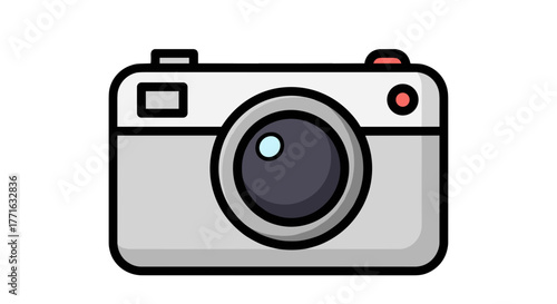 A simplistic, frontal view of a modern digital camera with a gray body, black lens, and red button, outlined in black.