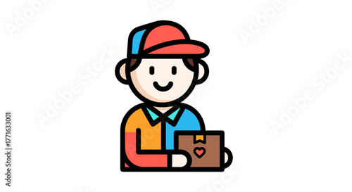 A delivery worker in a colorful uniform holds a package with a heart on it, ready to deliver love and packages.