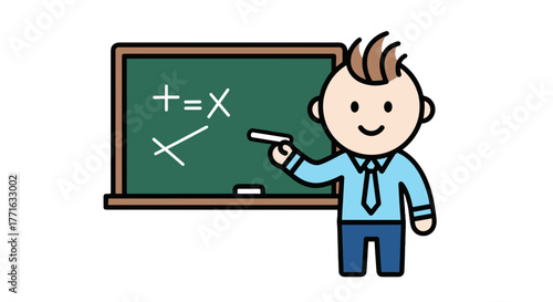 Charming teacher character presents a simple math equation on a green chalkboard, creating an educational atmosphere.