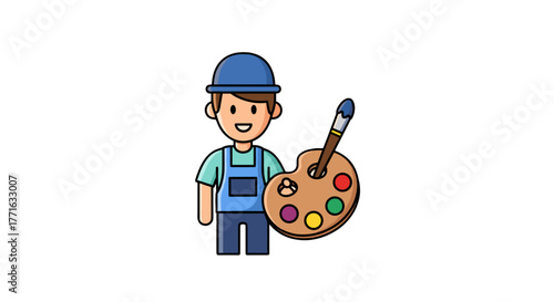 A cartoon artist in blue overalls and hat holding a palette with paint brush, symbolizing art, creativity, profession.