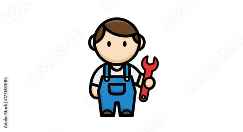 A cartoon mechanic stands ready with a wrench, sporting overalls and a friendly demeanor, promising quick repairs. 