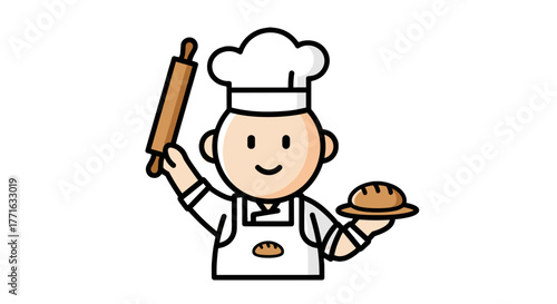 A smiling cartoon baker dressed in white uniform, hat and apron, holding a rolling pin and a loaf of bread.