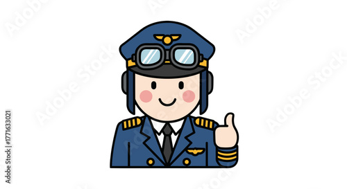 Charming cartoon pilot with a friendly smile, wearing a blue uniform, gives a thumbs-up against a stark transparent background.