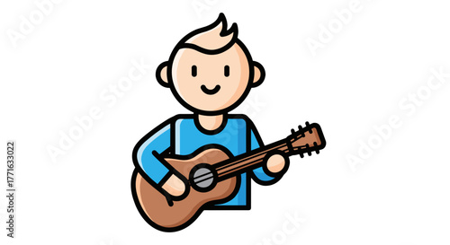 Cartoon character strumming acoustic guitar. He is fair-skinned, blonde hair, and a blue shirt. He looks very happy.