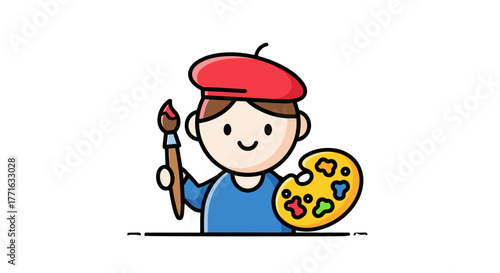 A cartoon artist stands proudly, wearing a red beret, holding a paintbrush and colorful palette ready to paint.
