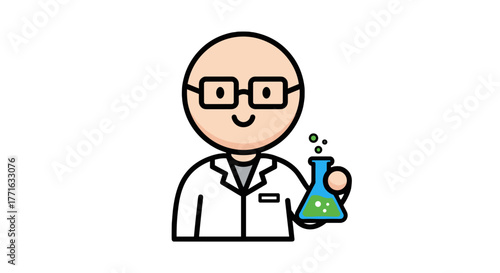 Cartoon scientist in a lab coat, glasses, and holding a beaker with a green solution that is reacting and bubbling.