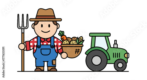 Cartoon farmer with produce, tractor, pitchfork exudes rural charm and evokes agricultural scenes, and harvests.
