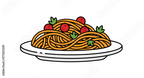 Cartoon illustration of spaghetti on plate with fresh basil and tomatoes for a simple, balanced, healthy meal.