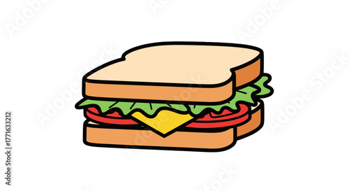 A cartoon depiction of a sandwich stacked with cheese, tomato, lettuce, and bread on a transparent background. 
