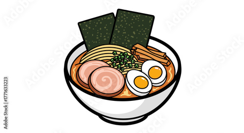 A delicious bowl of ramen is presented, ready to eat with noodles, pork, eggs, seaweed, scallions, and a flavorful broth.