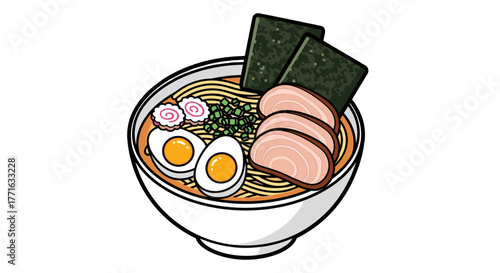 A delicious bowl of ramen filled with noodles, eggs, pork slices, seaweed and green onions served in a white bowl.